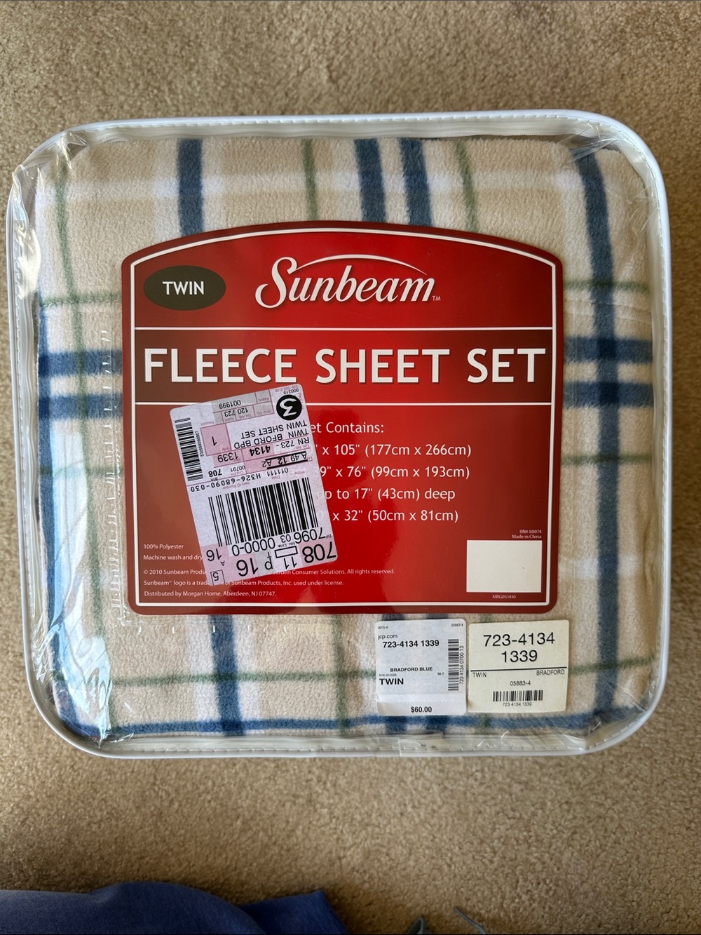 Sunbeam Twin Fleece Sheet Set - Cream Plaid with Blue & Green Stripes
